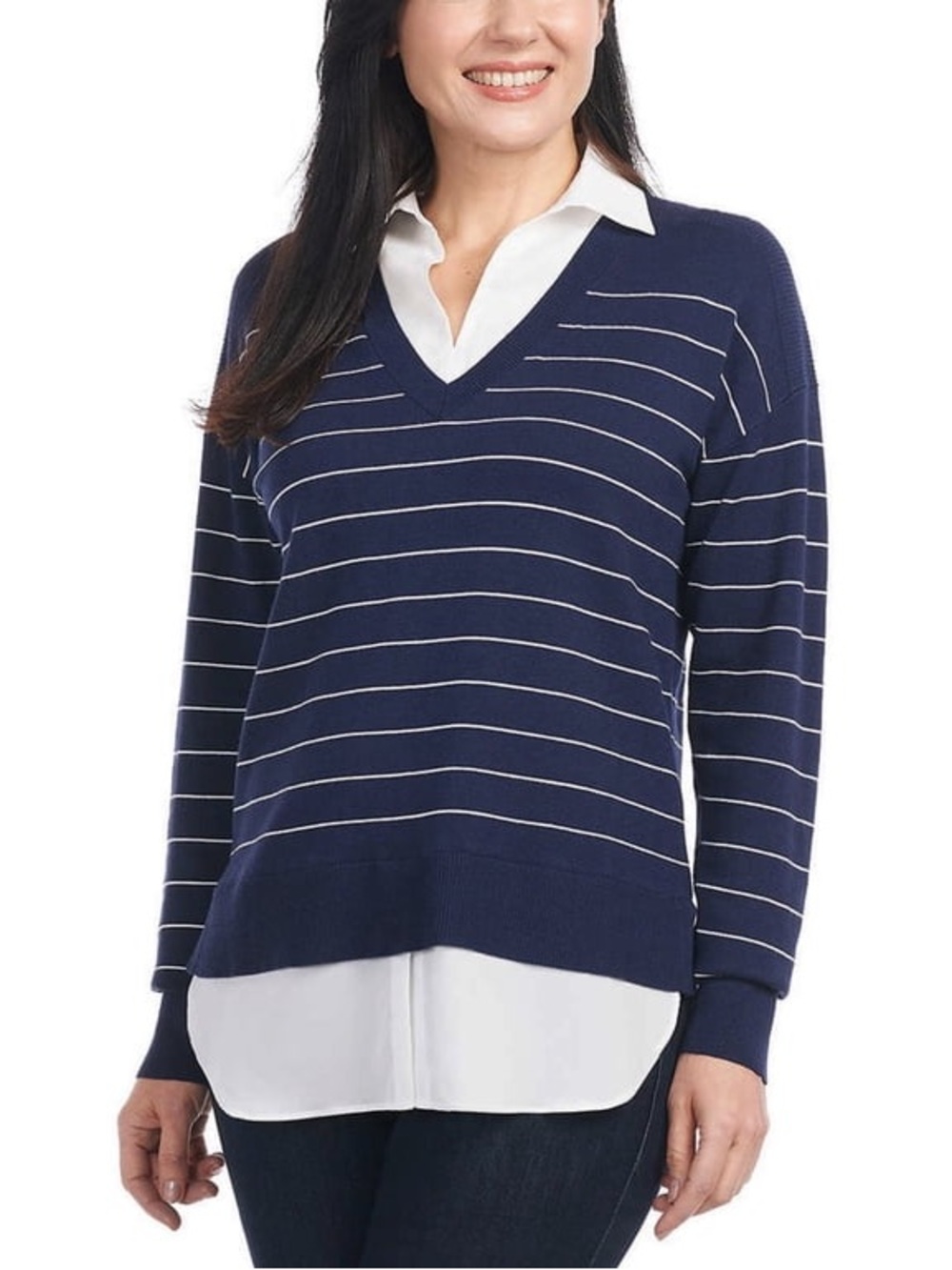 Hilary Radley Collared V-Neck 2-Fer Sweater Blue/White Striped Size XL